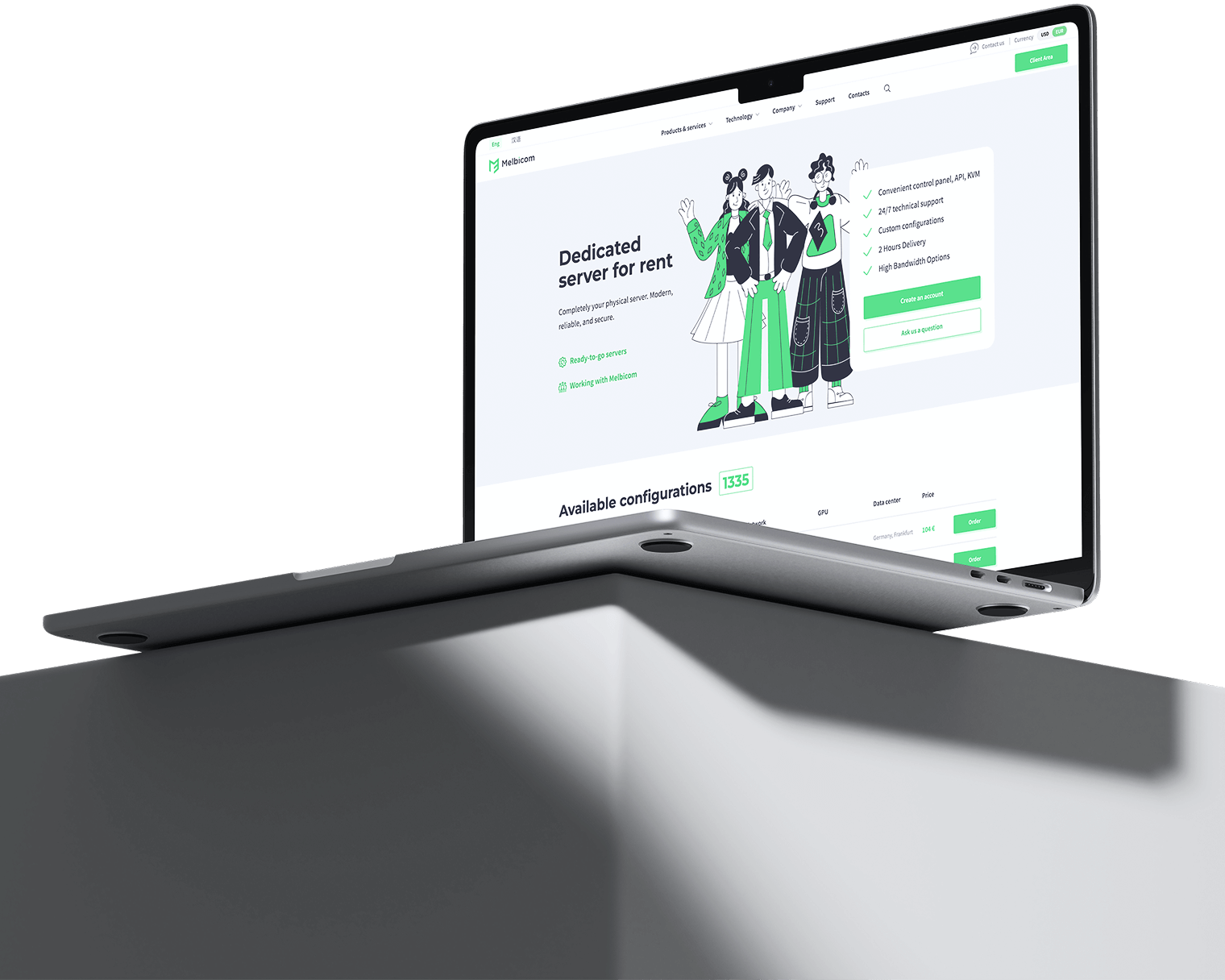 Melbicom website opened on a laptop